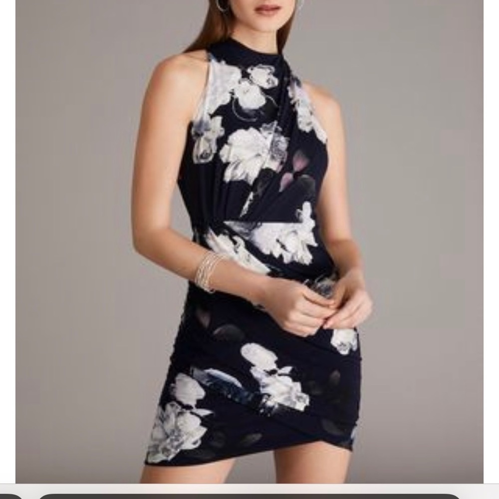 Floral Printed Halter Neck Illusion Wrap Mini Dress, Darkness